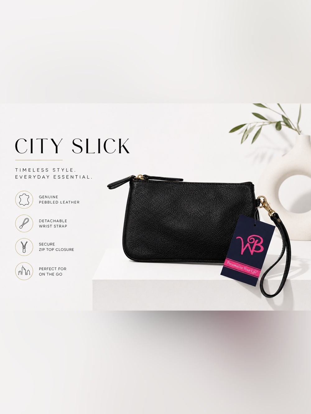 Black Leather Wristlet Pouch | NWT | Sleek Minimalist